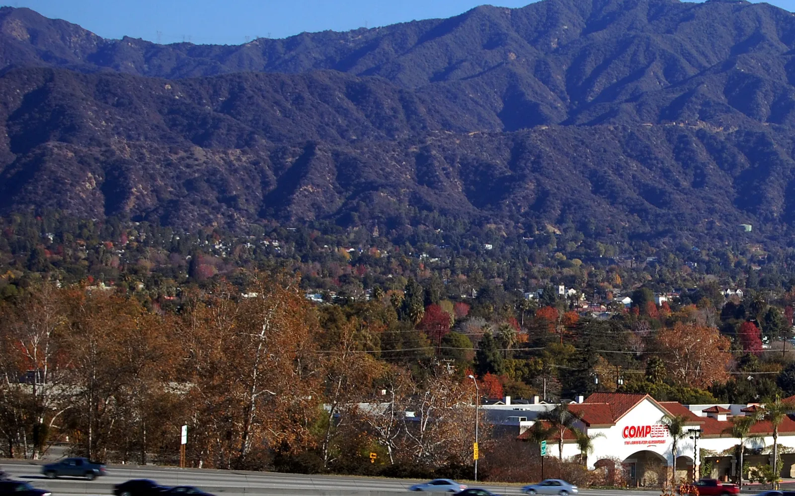 View of Interstate 210 in Monrovia with San Gabriel Mountains in background