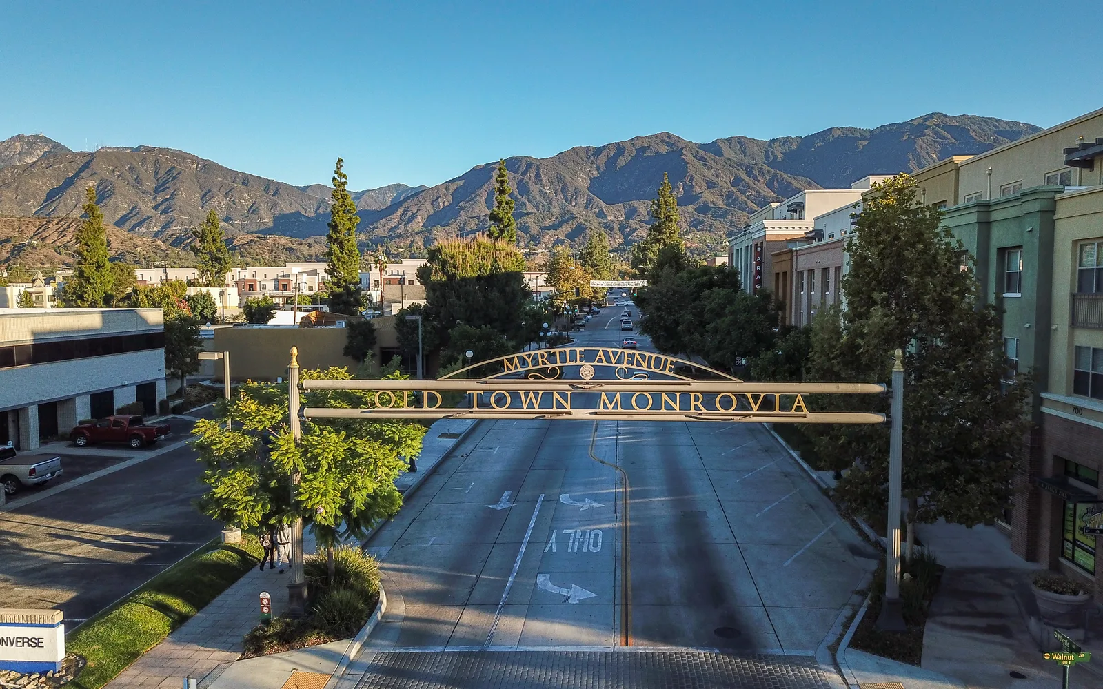 Aerial view of downtown Monrovia with historic buildings and street grid
